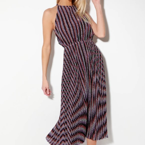 Purple Multi Striped Pleated Halter Midi Dress - Picture 2 of 8